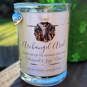 Archangel Ariel Pet Blessing or Memorial Soy Candle w/Citrine 3"x4"~Himilayan Ceder & Sage Paw Charm