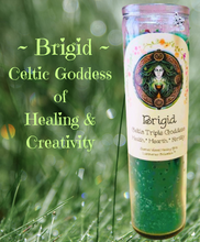 Load image into Gallery viewer, BRIGID Celtic Healing Goddess Vigil Intention Candle W/Quartz Pt. Frankincense Amber Vervain Herbal Infusion &amp; Celtic Irish Cross Charm