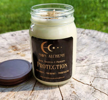 Load image into Gallery viewer, PROTECTION Soy Candle ~ 16 oz.  Jar ~ Patchouli Mugwort Black Tourmaline Moon Alchemy Charm Protect Home Business Property
