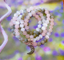 Load image into Gallery viewer, Labradorite Selenite &amp; Rose Quartz Mala Prayer Beads w/Crescent Moon Charm