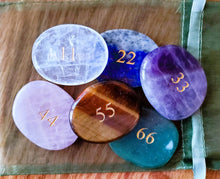 Load image into Gallery viewer, MASTER / ANGEL NUMBERS Crystals Set of 6 - Manifestation Meditation Palm Stones w Romance Card Multi-Gemstone Precision Engraved