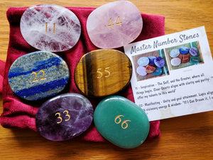 MASTER / ANGEL NUMBERS Crystals Set of 6 - Manifestation Meditation Palm Stones w Romance Card Multi-Gemstone Precision Engraved