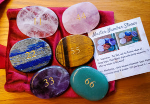 MASTER / ANGEL NUMBERS Crystals Set of 6 - Manifestation Meditation Palm Stones w Romance Card Multi-Gemstone Precision Engraved