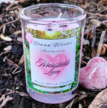 Load image into Gallery viewer, Irresistible Love Valentine&#39;s Candle 12 oz Soy Elegant Rowan Woods Collection Druid Awen Romance Attraction Soft Berry Rose Quartz Garnet