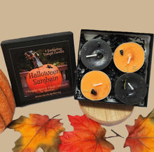 Load image into Gallery viewer, Halloween Samhain Tealight Candle Set Box of 4 Ritual Fall Candles | Wiccan Sabbat, Ancestor Remembrance Spell, Obsidian