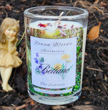 Load image into Gallery viewer, Beltane Sabbat Soy Candle 12 oz Elegant Rowan Woods Collection Druid Awen Witchy Fertility Fire May Festival Garnet Amber Musk Rose Petals