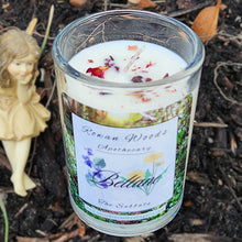 Load image into Gallery viewer, Beltane Sabbat Soy Candle 12 oz Elegant Rowan Woods Collection Druid Awen Witchy Fertility Fire May Festival Garnet Amber Musk Rose Petals