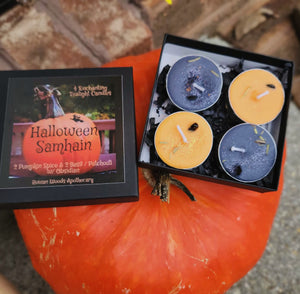 Halloween Samhain Tealight Candle Set Box of 4 Ritual Fall Candles | Wiccan Sabbat, Ancestor Remembrance Spell, Obsidian