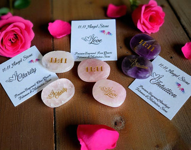 Angel 11:11 Pocket Stone – Double-Sided Crystal for Clarity, Love + Intuition – Quartz, Rose Quartz, Amethyst – Numerology