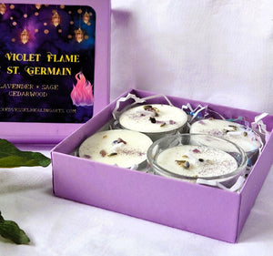 Violet Flame Tealight Candles Soy Box of 4 Glass Holder ~Ascension Ascended Master St. Germain Healing~ Clear Negativity Encourage Hope