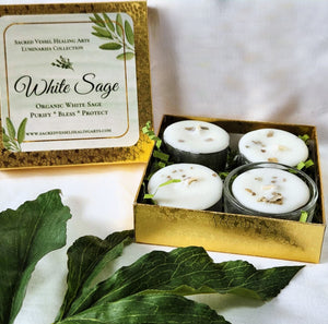 White Sage Tealight Soy Candles Box of 4 & Glass Holder Organic Cleansing Clearing Purify Protection