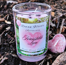 Load image into Gallery viewer, Irresistible Love Valentine&#39;s Candle 12 oz Soy Elegant Rowan Woods Collection Druid Awen Romance Attraction Soft Berry Rose Quartz Garnet