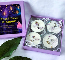 Load image into Gallery viewer, Violet Flame Tealight Candles Soy Box of 4 Glass Holder ~Ascension Ascended Master St. Germain Healing~ Clear Negativity Encourage Hope