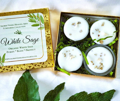 White Sage Tealight Soy Candles Box of 4 & Glass Holder Organic Cleansing Clearing Purify Protection