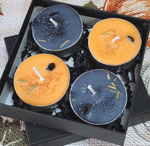 Load image into Gallery viewer, Halloween Samhain Tealight Candle Set Box of 4 Ritual Fall Candles | Wiccan Sabbat, Ancestor Remembrance Spell, Obsidian