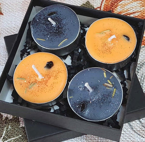 Halloween Samhain Tealight Candle Set Box of 4 Ritual Fall Candles | Wiccan Sabbat, Ancestor Remembrance Spell, Obsidian