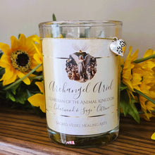 Load image into Gallery viewer, Archangel Ariel Pet Blessing or Memorial Soy Candle w/Citrine 3"x4"~ Cedar &amp; Sage with Paw Charm