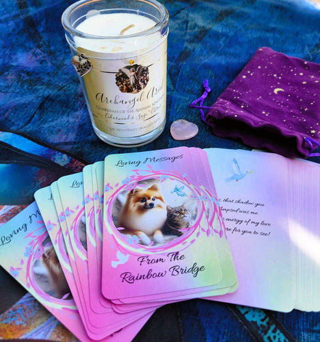 Pet Loss Gift Set~ Archangel Ariel Soy Candle & Loving Messages From The Rainbow Bridge 33 Card Oracle Deck