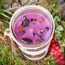 Load image into Gallery viewer, Brigid Fire Goddess Candle Elegant Coco Soy, Pomegranate, Rowan Berries, Garnet, Healing, Renewal, Witch, Triskele Charm, Rowan Twig, Celtic
