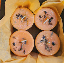 Load image into Gallery viewer, Halloween Samhain Ancestor Night Soy Votive Candles Layered Cinnamon Orange Pear &amp; Basil Patchouli w/Obsidian ~ Box of 4