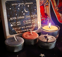 Load image into Gallery viewer, Moon Phase Soy Candles Box of 4 Votives or Tealights with Moonstone Gems &amp; Herbs New Waxing Full Waning