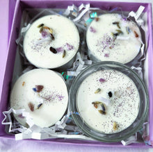 Load image into Gallery viewer, Violet Flame Tealight Candles Soy Box of 4 Glass Holder ~Ascension Ascended Master St. Germain Healing~ Clear Negativity Encourage Hope