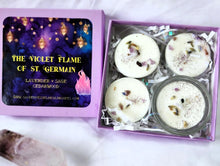 Load image into Gallery viewer, Violet Flame Tealight Candles Soy Box of 4 Glass Holder ~Ascension Ascended Master St. Germain Healing~ Clear Negativity Encourage Hope