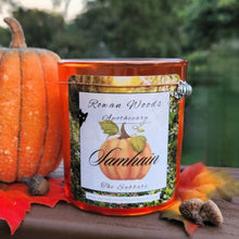 Load image into Gallery viewer, Halloween Samhain Candle 13oz Ltd Ed Orange Glass Pumpkin Soy, Witch Altar Ritual Sabbat, Wicca Wheel of the Year, Ancestral Magic