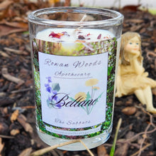 Load image into Gallery viewer, Beltane Sabbat Soy Candle 12 oz Elegant Rowan Woods Collection Druid Awen Witchy Fertility Fire May Festival Garnet Amber Musk Rose Petals