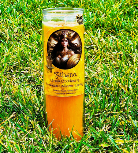 Athena Greek Goddess Vigil Jar Candle ~ Protection Wisdom Strategy Organic Amber Essential Oil~ Amber Chips Lemurian Quartz ~Brass Owl Charm