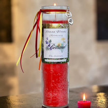 Load image into Gallery viewer, Beltane Sabbat Candle Druid Witch Altar May Fire Festival Garnets Roses Lavender, Rose Sandalwood Cinnamon Oils, Fertility Goddess Charm