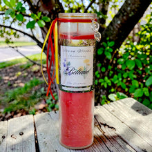 Load image into Gallery viewer, Beltane Sabbat Candle Druid Witch Altar May Fire Festival Garnets Roses Lavender, Rose Sandalwood Cinnamon Oils, Fertility Goddess Charm