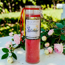 Load image into Gallery viewer, Beltane Sabbat Candle Druid Witch Altar May Fire Festival Garnets Roses Lavender, Rose Sandalwood Cinnamon Oils, Fertility Goddess Charm