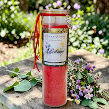 Load image into Gallery viewer, Beltane Sabbat Candle Druid Witch Altar May Fire Festival Garnets Roses Lavender, Rose Sandalwood Cinnamon Oils, Fertility Goddess Charm