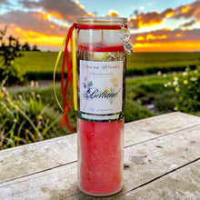 Load image into Gallery viewer, Beltane Sabbat Candle Druid Witch Altar May Fire Festival Garnets Roses Lavender, Rose Sandalwood Cinnamon Oils, Fertility Goddess Charm