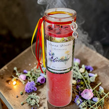 Load image into Gallery viewer, Beltane Sabbat Candle Druid Witch Altar May Fire Festival Garnets Roses Lavender, Rose Sandalwood Cinnamon Oils, Fertility Goddess Charm