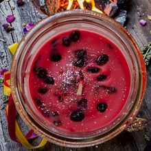 Load image into Gallery viewer, Beltane Sabbat Candle Druid Witch Altar May Fire Festival Garnets Roses Lavender, Rose Sandalwood Cinnamon Oils, Fertility Goddess Charm