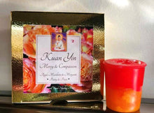 Load image into Gallery viewer, KUAN YIN Box of 4 Votive Candles ~2 Layer Apple Mandarin ~Morganite Gem Chips ~ Buddhist Goddess of Compassion Mercy Comfort
