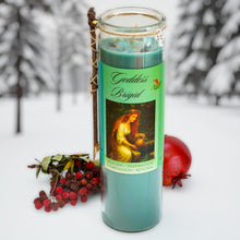Load image into Gallery viewer, Brigid Healing Goddess Candle Hand Poured Elegant Coco Soy, Rowan Berries &amp; Twig, Aquamarine, Amber Frankincense Vervain, Celtic Cross Charm