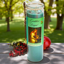 Load image into Gallery viewer, Brigid Healing Goddess Candle Hand Poured Elegant Coco Soy, Rowan Berries &amp; Twig, Aquamarine, Amber Frankincense Vervain, Celtic Cross Charm