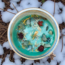 Load image into Gallery viewer, Brigid Healing Goddess Candle Hand Poured Elegant Coco Soy, Rowan Berries &amp; Twig, Aquamarine, Amber Frankincense Vervain, Celtic Cross Charm