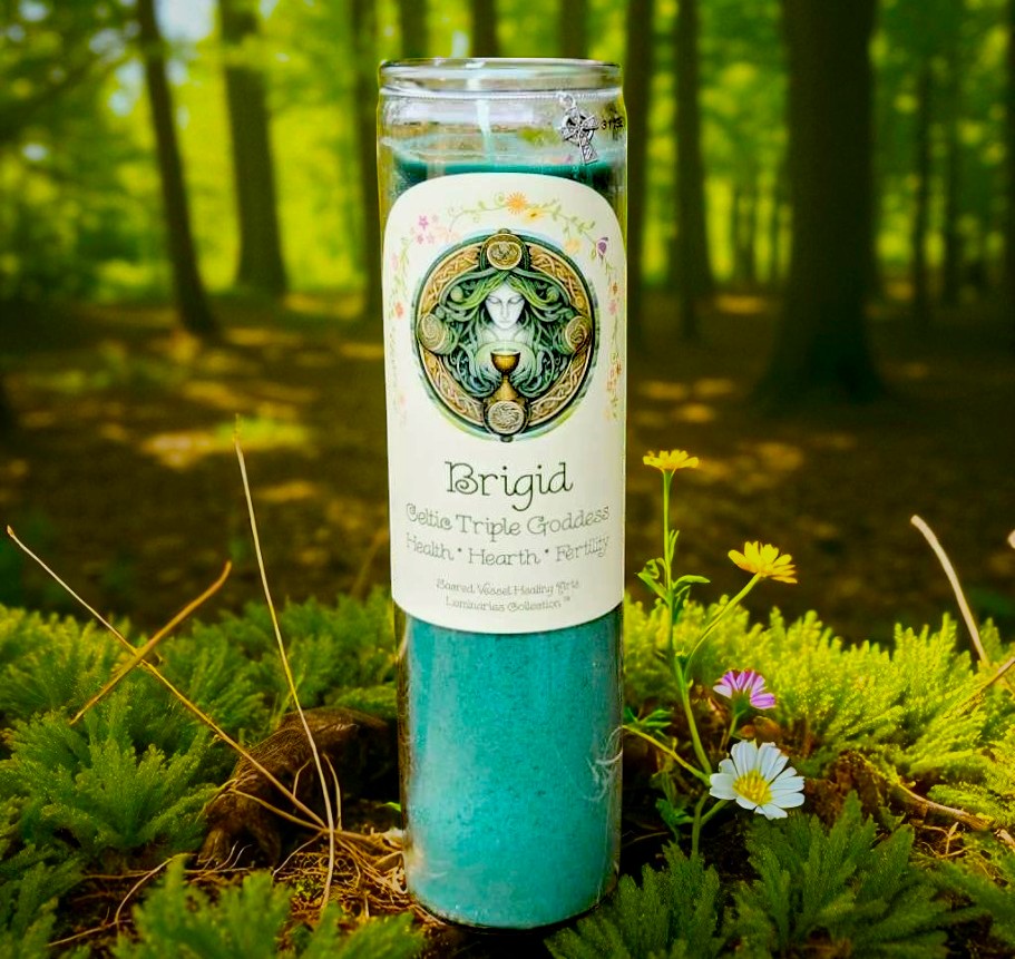 BRIGID Celtic Healing Goddess Vigil Intention Candle W/Quartz Pt. Frankincense Amber Vervain Herbal Infusion & Celtic Irish Cross Charm
