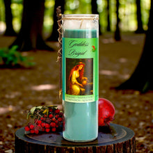 Load image into Gallery viewer, Brigid Healing Goddess Candle Hand Poured Elegant Coco Soy, Rowan Berries &amp; Twig, Aquamarine, Amber Frankincense Vervain, Celtic Cross Charm