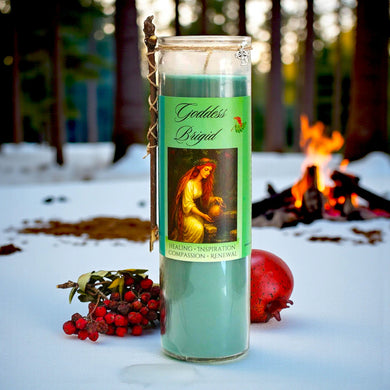 Brigid Healing Goddess Candle Hand Poured Elegant Coco Soy, Rowan Berries & Twig, Aquamarine, Amber Frankincense Vervain, Celtic Cross Charm