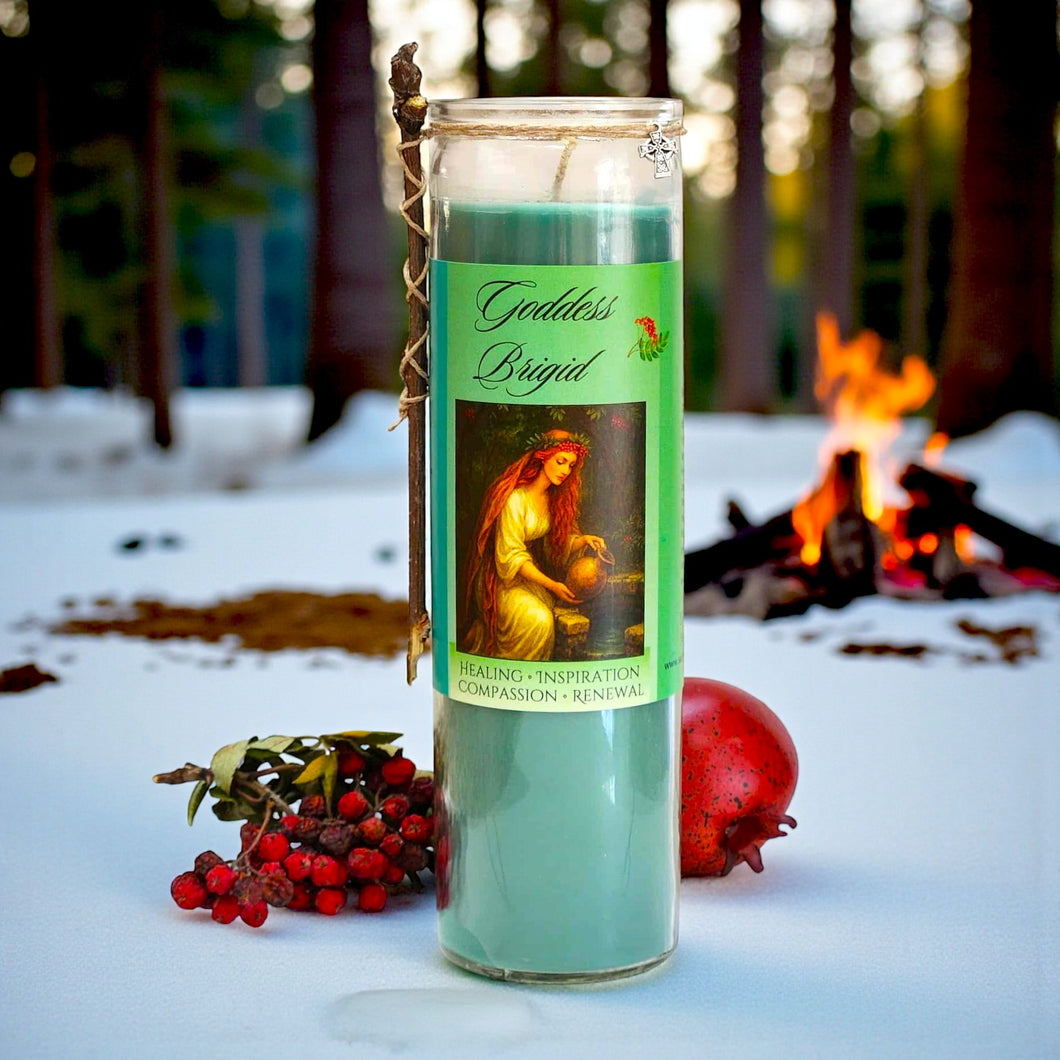 Brigid Healing Goddess Candle Hand Poured Elegant Coco Soy, Rowan Berries & Twig, Aquamarine, Amber Frankincense Vervain, Celtic Cross Charm