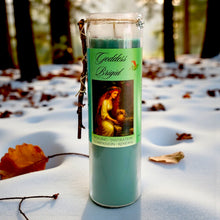 Load image into Gallery viewer, Brigid Healing Goddess Candle Hand Poured Elegant Coco Soy, Rowan Berries &amp; Twig, Aquamarine, Amber Frankincense Vervain, Celtic Cross Charm