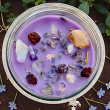 Load image into Gallery viewer, Brigid Creativity Goddess Candle Coco Soy Hand Poured, Lemon Lavender, Rowan Berries and Twig, Amethyst &amp; Citrine, Celtic Bardic Druidism