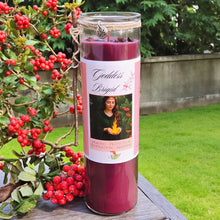 Load image into Gallery viewer, Brigid Fire Goddess Candle Elegant Coco Soy, Pomegranate, Rowan Berries, Garnet, Healing, Renewal, Witch, Triskele Charm, Rowan Twig, Celtic