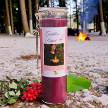 Load image into Gallery viewer, Brigid Fire Goddess Candle Elegant Coco Soy, Pomegranate, Rowan Berries, Garnet, Healing, Renewal, Witch, Triskele Charm, Rowan Twig, Celtic