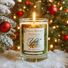 Load image into Gallery viewer, Yule Candle 12 oz Soy Elegant Rowan Woods Collection Bayberry Clove ~ Druid Awen Aventurine Christmas Yuletide Winter Solstice Holiday Gift